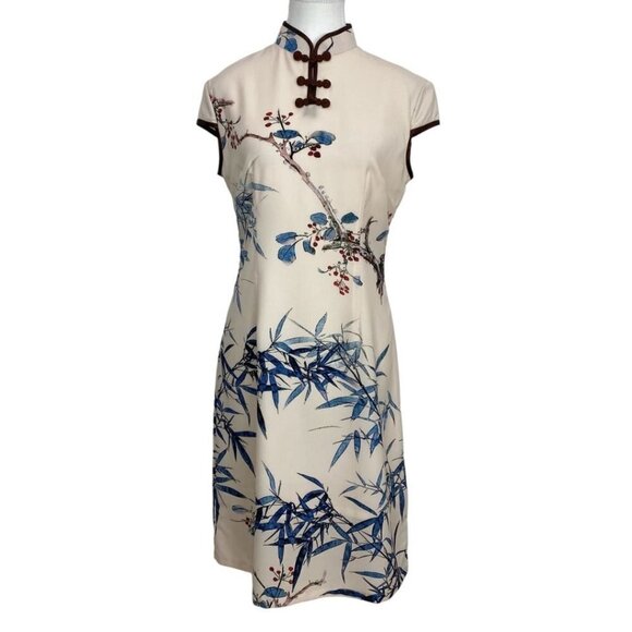 JIANLIMEI CREAM BROWN FLORAL CAP SLEEVE SHEATH ASIAN DRESS - XL - Picture 1 of 9